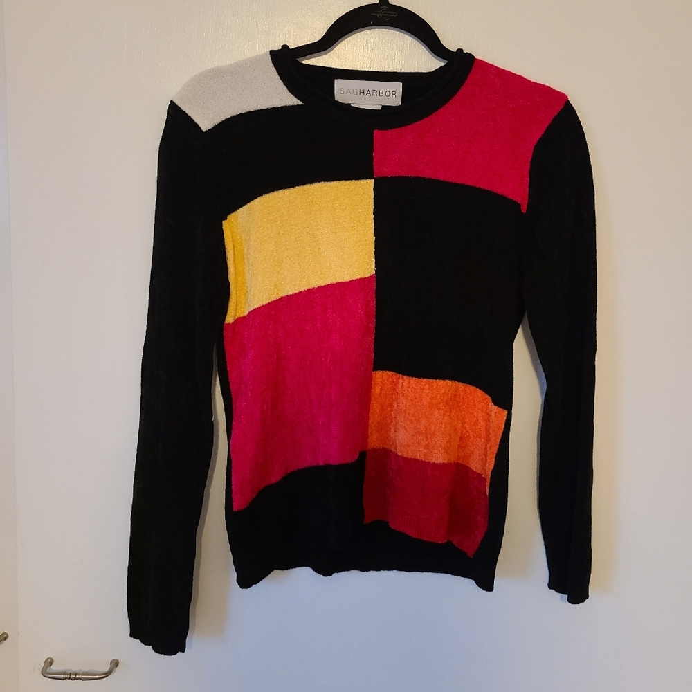 Sag Harbor Women's S Fuzzy Vibrant Colorblock Sweater Black Pink Yellow Orange